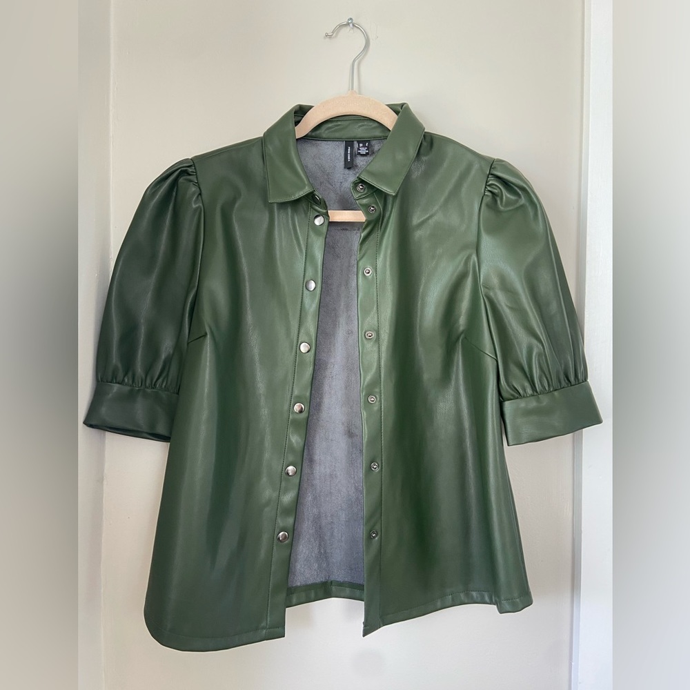 Green Leather Front Button Classic Collar Shirt